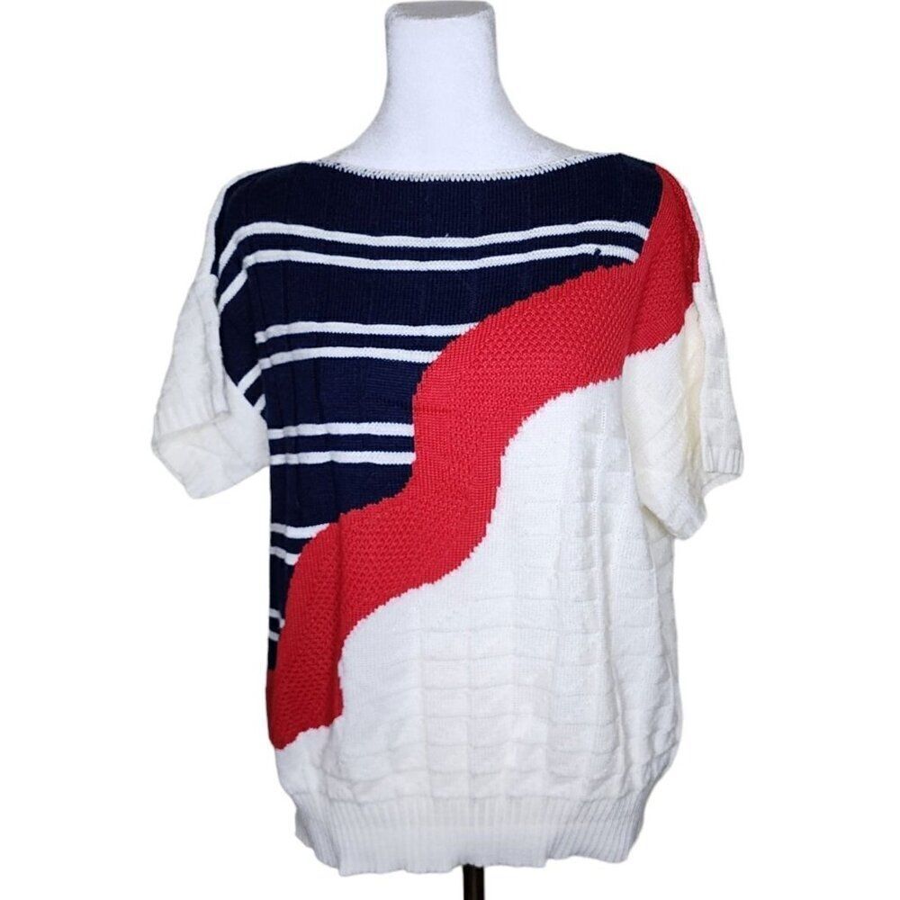 Vintage 80s Cap Sleeve Patriotic Sweater Womens Size XL White Red Blue
